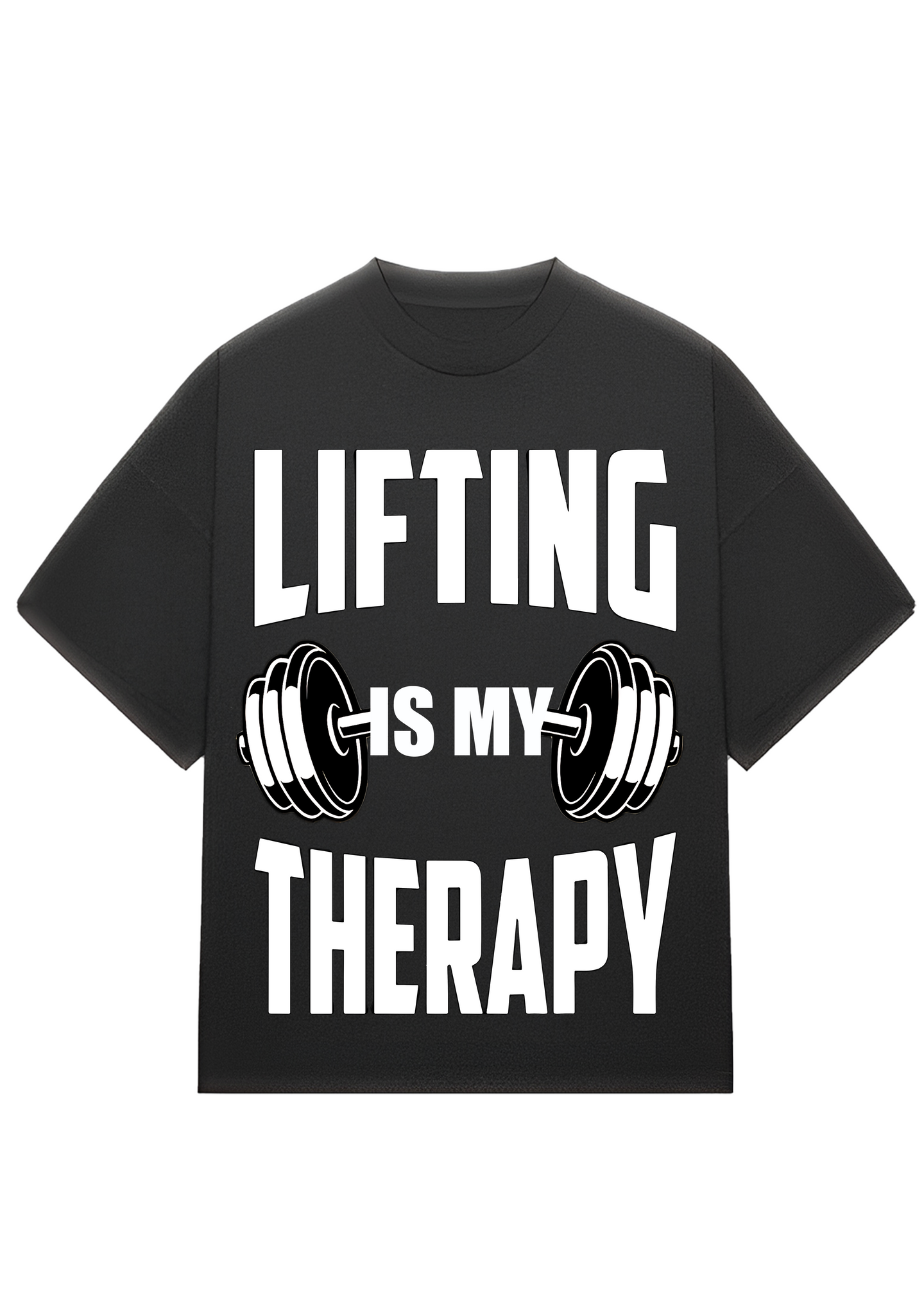 Lifting Is My Therapy" bold gym quote typography design for oversized t-shirt by Urban Drip